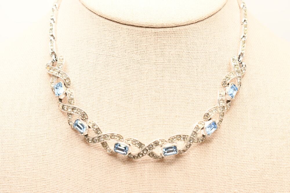 Vintage Bogoff Blue Rhinestone Necklace Clear Crystal Silver Tone Choker